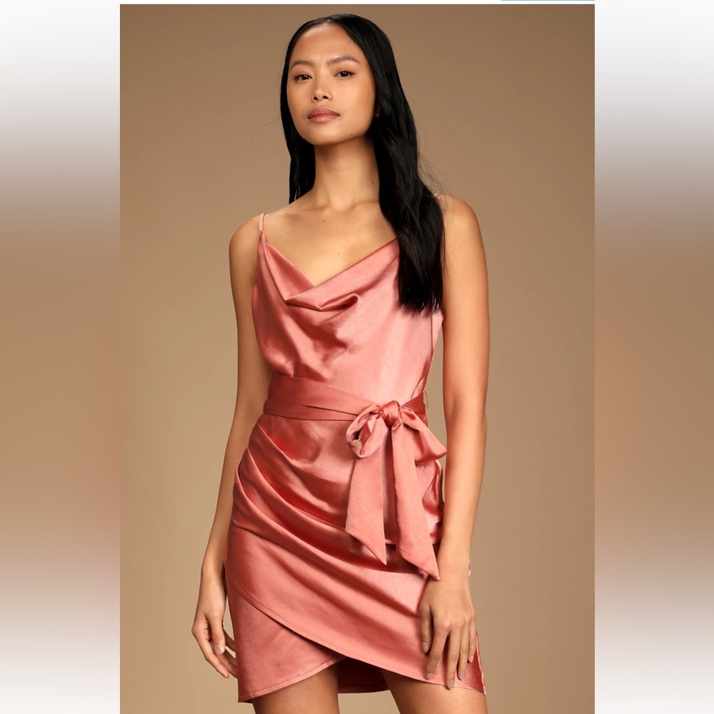 Lulu’s Memorable Nights Rose Pink Satin Cowl Neck Tulip Mini Dress